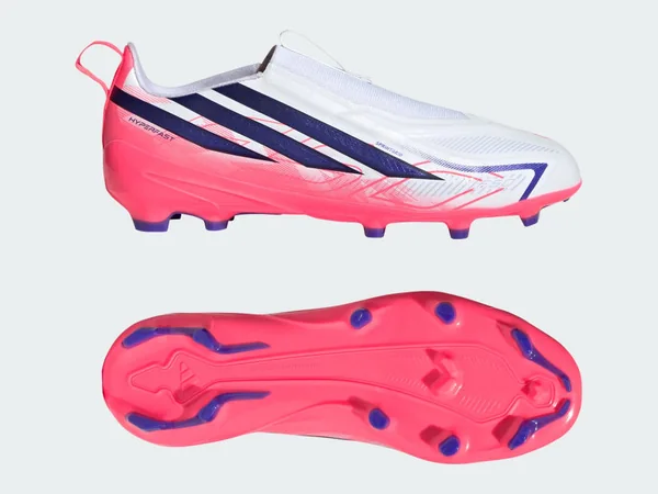 adidas F50 Hyperfast League Laceless kids boot in white, pink and purple